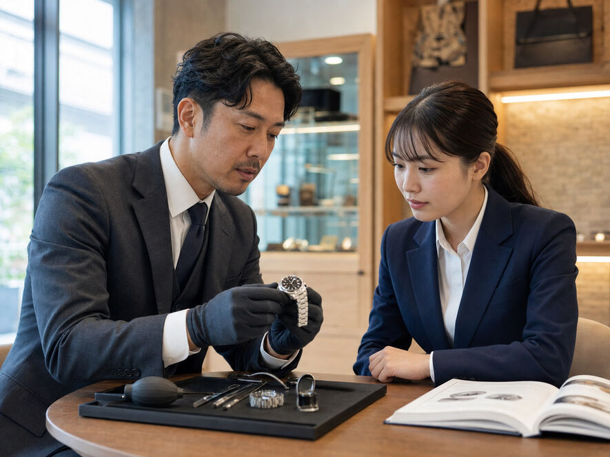 商品を見ながら先輩から研修を受けるスタッフ