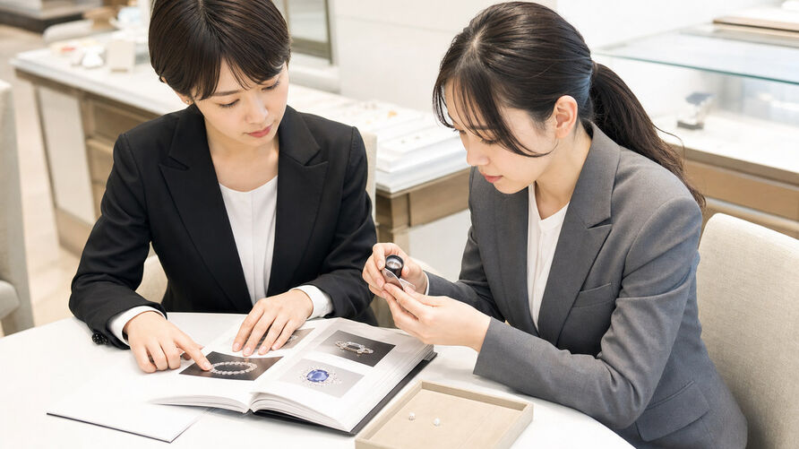 商品を見ながら学ぶスタッフ