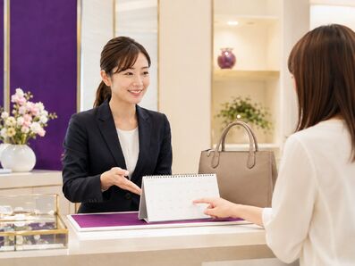 スタッフとお客様がカレンダーで次の期限を確認する様子